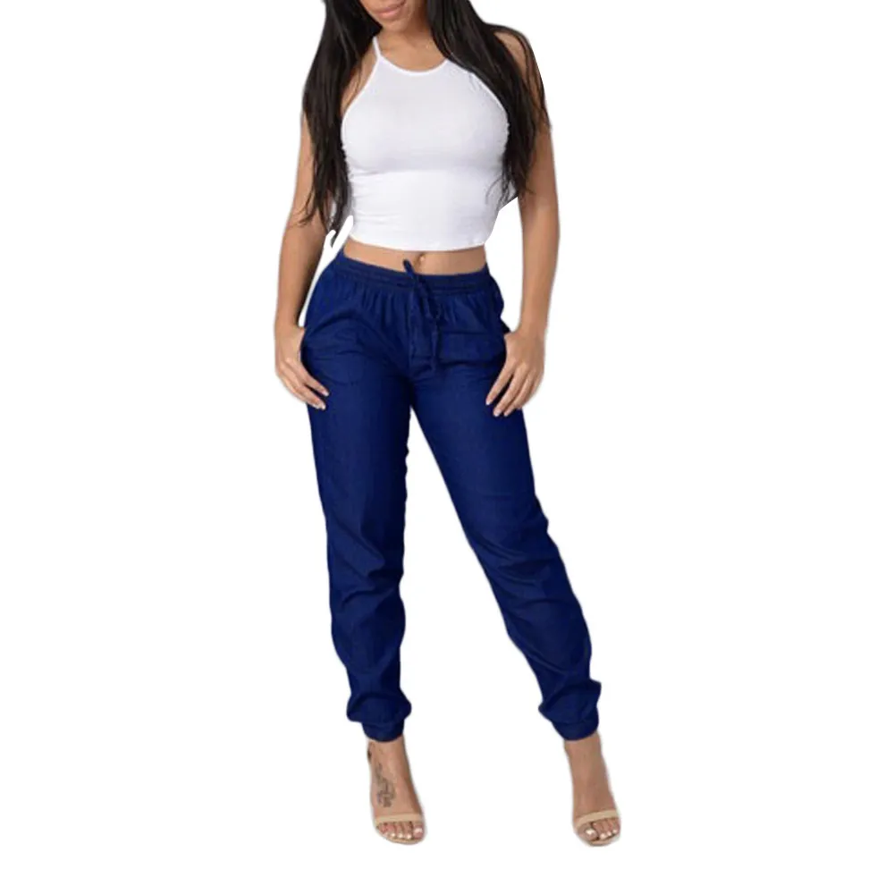 Женские повседневные штаны с эластичной талией, джинсы с высокой талией, повседневные синие джинсовые штаны, женские эластичные брюки с высокой талией, джинсы - Цвет: Dark Blue