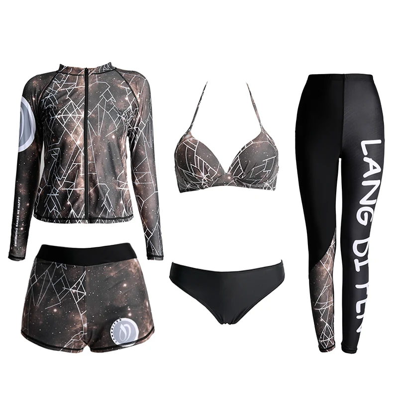

2019 Korean Style Women Print Bikini Set 5 Pieces Men 3 Pieces Trousers Swimsuit Lovers Suits Tankini Swimsuits Diving Suit