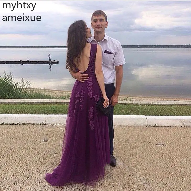 Roland Purple Long Event Prom Dress V-neck Sleeveless Appliques Beading Dark Purple Tulle Backless Gowns Occasion Wedding Dinner