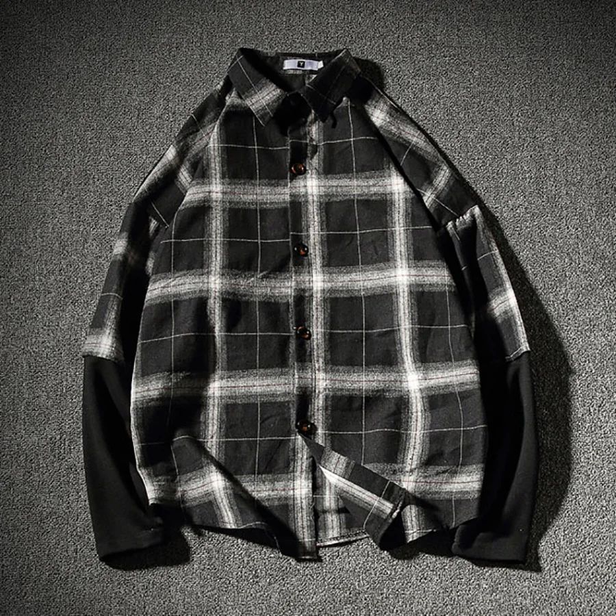 Мужская клетчатая рубашка винтажная с длинным рукавом в стиле хип хоп|plaid men