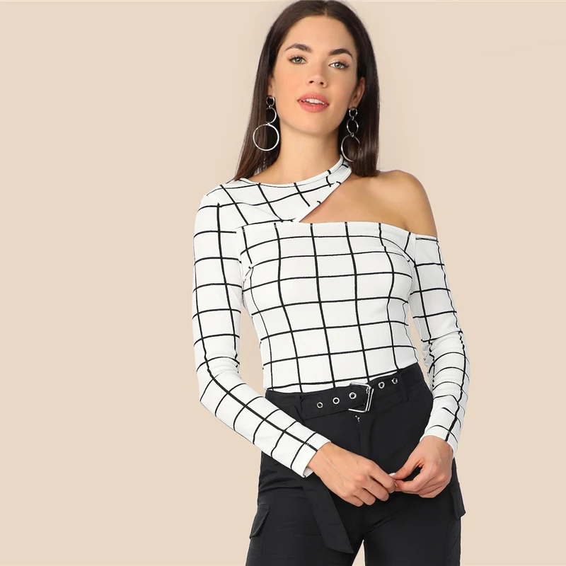 SHEIN Асимметричный Приталенный Топ С Вырезом Сексуальная Клетчатая Футболка С Круглым Вырезом