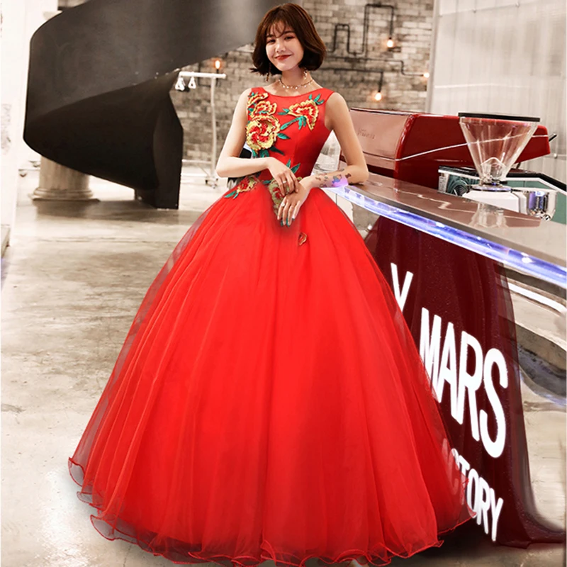 Женское Сетчатое платье с вышивкой красное Элегантное без рукавов круглым