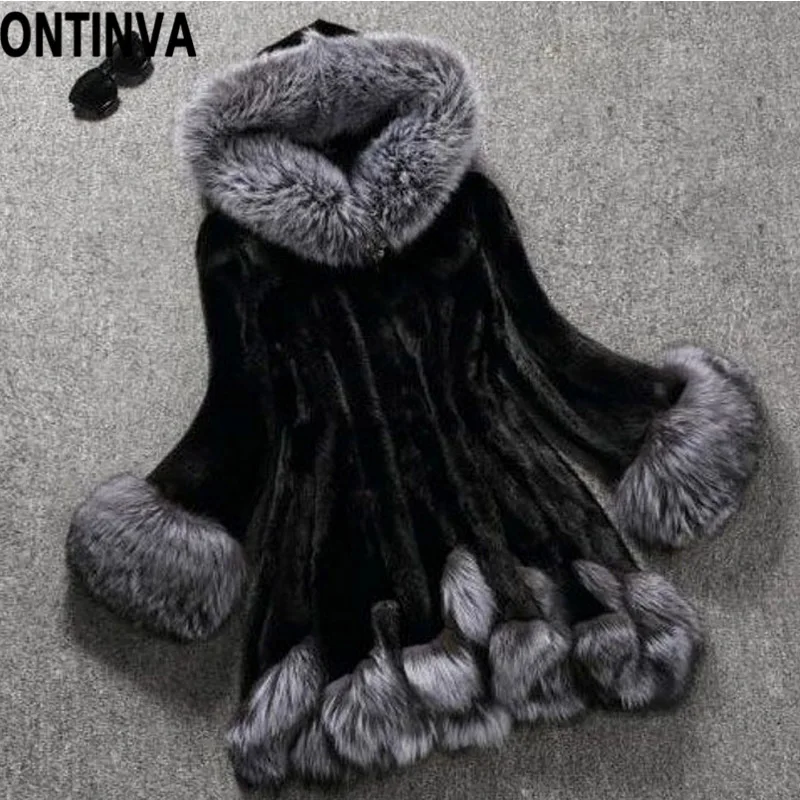 Черный Faux Fur Coats Women Fluffy Artificial Fox Fur Overcoat with Belt Winter Warm Jackets Long Sleeve Hooded Plus Size 6XL Outerwear - Цвет: Черный