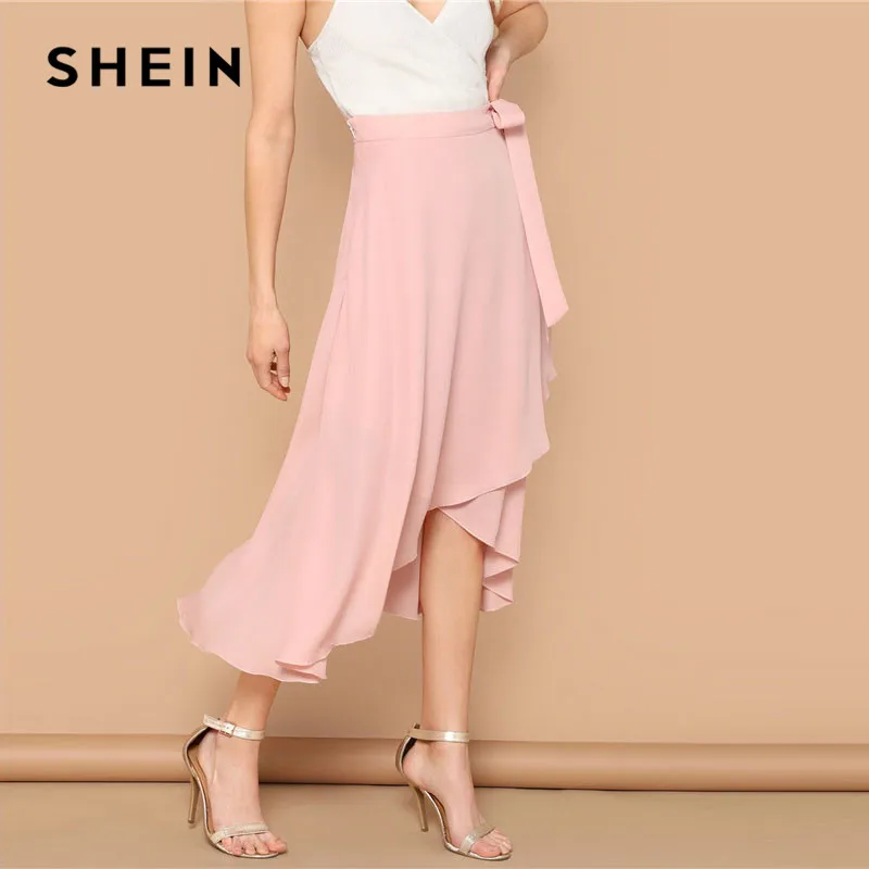 SHEIN Асимметричная Однотонная Юбка С Узлом Женская Летняя Розовая Богемная Юбка С Поясом