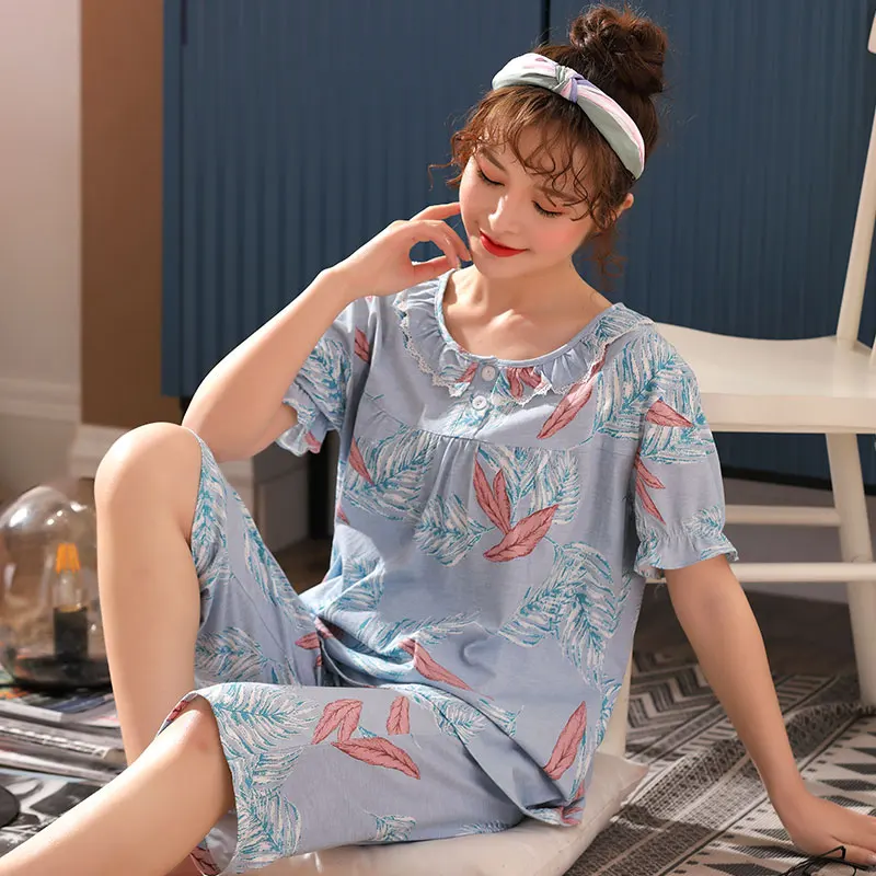 

Big Yards M-4XL home clothes for women short sleeve feather print casual tracksuit 100%Cotton Female Sexy Summer Home Lounge Gif