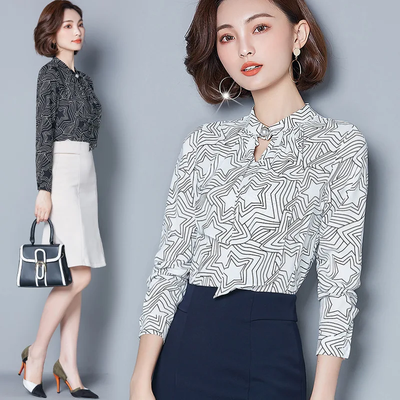 

New Chiffon Shirts Spring Autumn Printed Long Sleeves Loose Women Blouses Office Ladies Fashion Casual Work Tops Shirt H9045