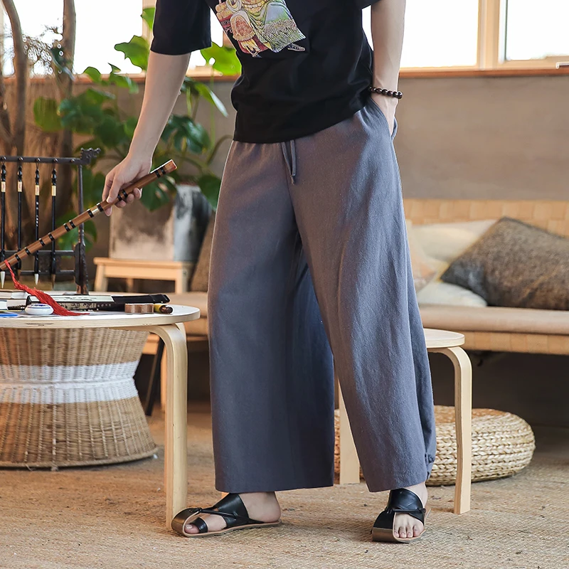 Однотонные повседневные Прямые Штаны-шаровары с завязками в китайском стиле мужские свободные тонкие брюки из хлопка и льна от AliExpress WW