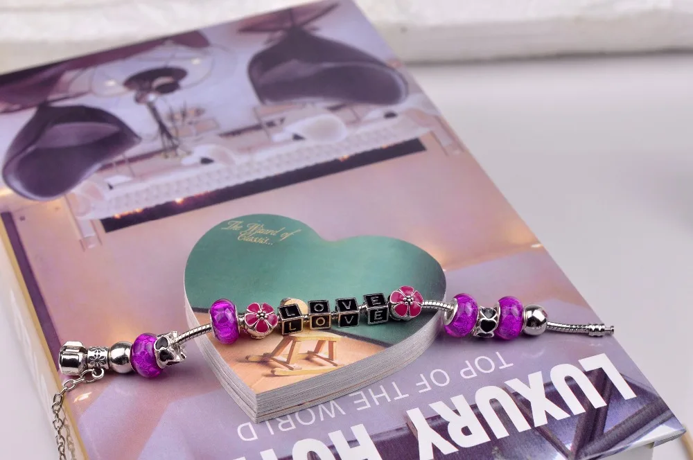 Модные украшения фиолетовый любящее сердце цветок Круглый Шарм Браслеты для Для