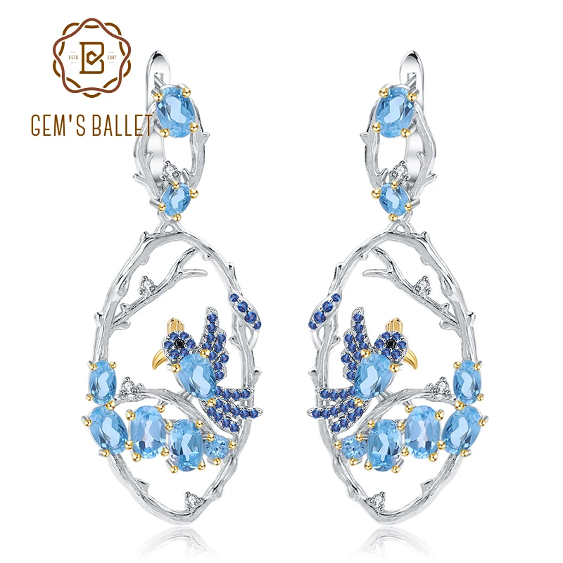 

GEM'S BALLET 7.13Ct Natural Swiss Blue Topaz Earrings Fine Jewelry 925 Sterling Silver Handmade Bird Drop Earrings for Women