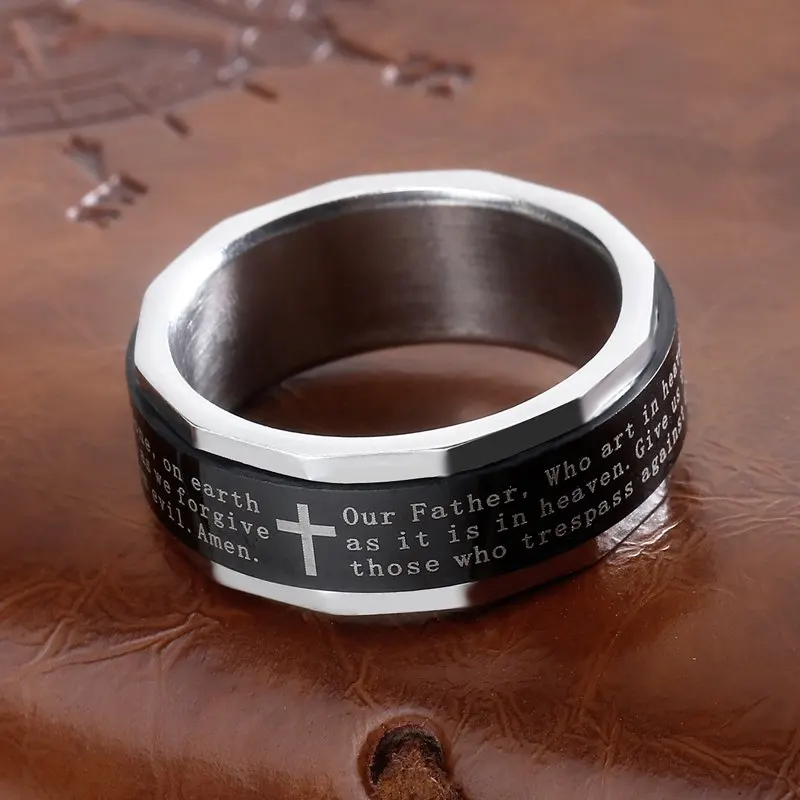 Fate Love Rotating Ring Men Jewelry Vintage Black Bible Cross Rings Stainless Steel Party Anillos Titanium Mens Jewellery | Украшения и