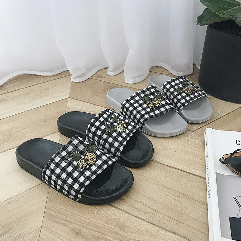 Summer Slippers Women Pineapple Cute Korean Style Fabric Simple Plaid Flat Slipper Ladies Non-slip Shoes Womens All-match Chic | Обувь