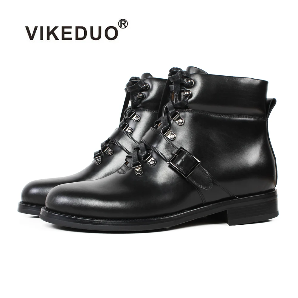 

VIKEDUO New Winter Men's Boots Genuine Cow Leather Lace-up Handmade Motorcycle Boots Male Wedding Office Patina Bespoke Botas