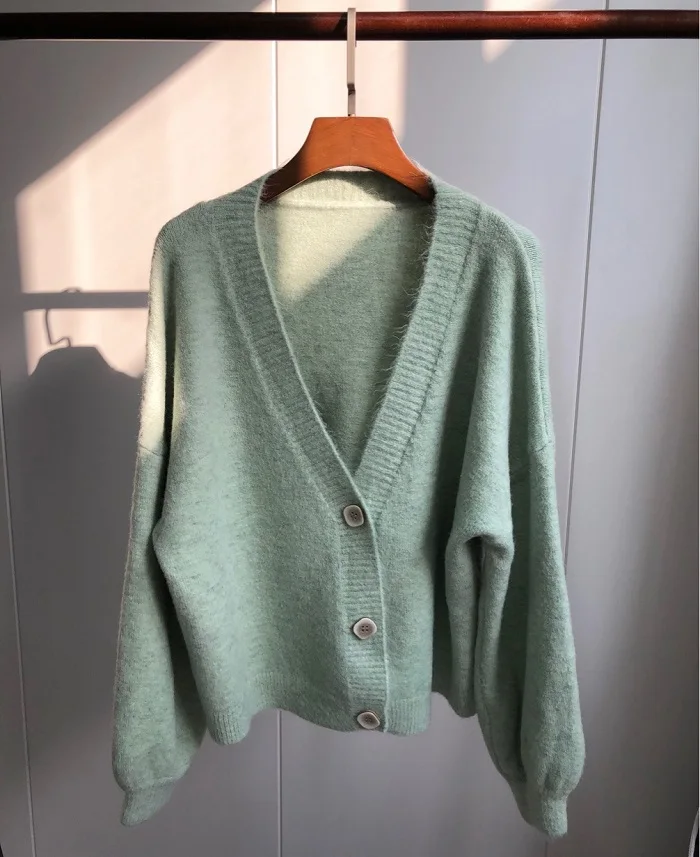 light green Осень-зима, вязаный женский свитер,, вязаный свитер, женский свободный, большой размер, v-образный вырез, удобный, шерсть, бархат, кардиган, пальто - Цвет: light green