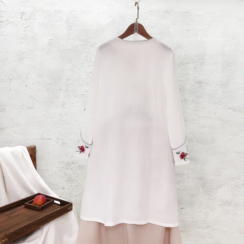 Cotton Linen Female Long Sleeve Retro Literary Embroidery Spring National Wind Dress Round Neck A-Line Dresses |