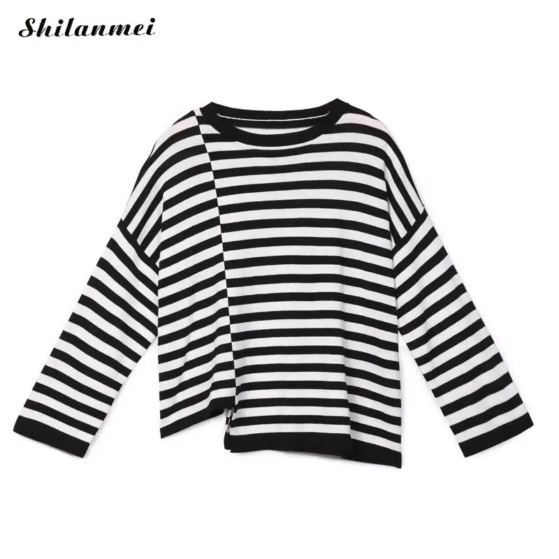 

Knitted Sweater Women 2019 Autumn Casual Long Sleeve O-Neck Pullover Tops Women Black And White Striped Casual Outwear Pullovers