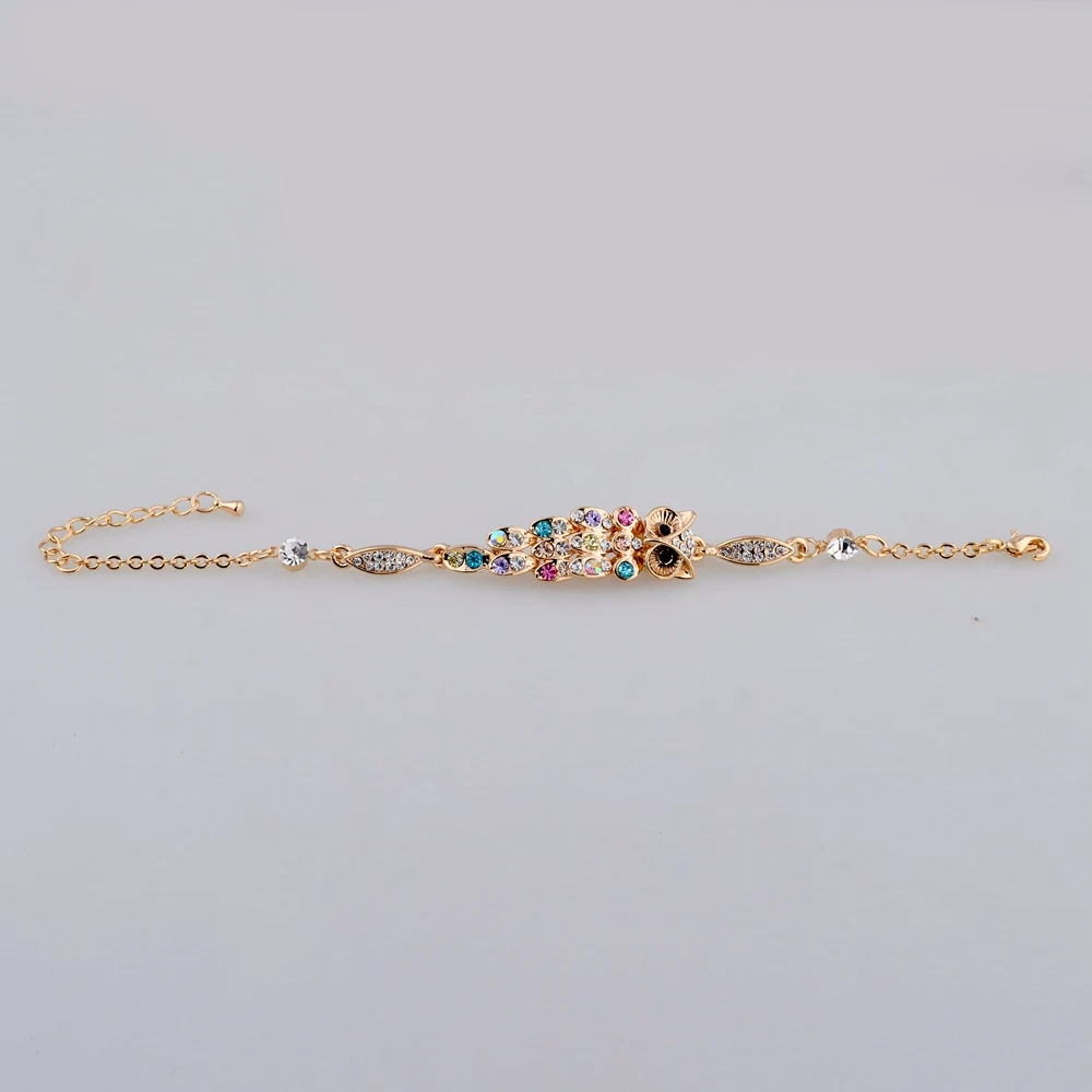 Женские разноцветные браслеты с австрийскими кристаллами Сова золотистые