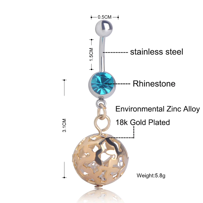 Madrry Zircon Ball Hollow Belly Button Ring Stainless Steel Long Pendant Beach Bikini Body Piercing Jewelry Rings For Women | Украшения и