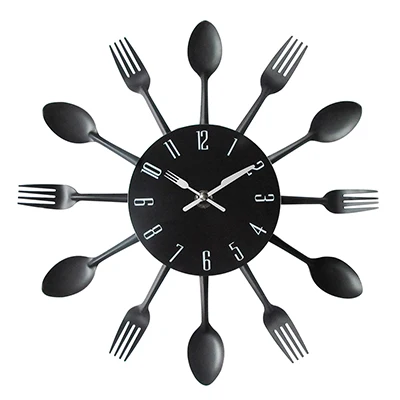 Черный Fashion Metal Kitchen Wall Clocks New Arrivals Creative Spoon Fork European Quartz Modern Design Home Decor Clocks - Цвет: Черный