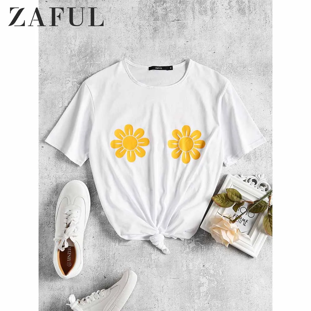 ZAFUL Подсолнечник принт Шею Футболка С Коротким Рукавом Женские Топы Милые Летние