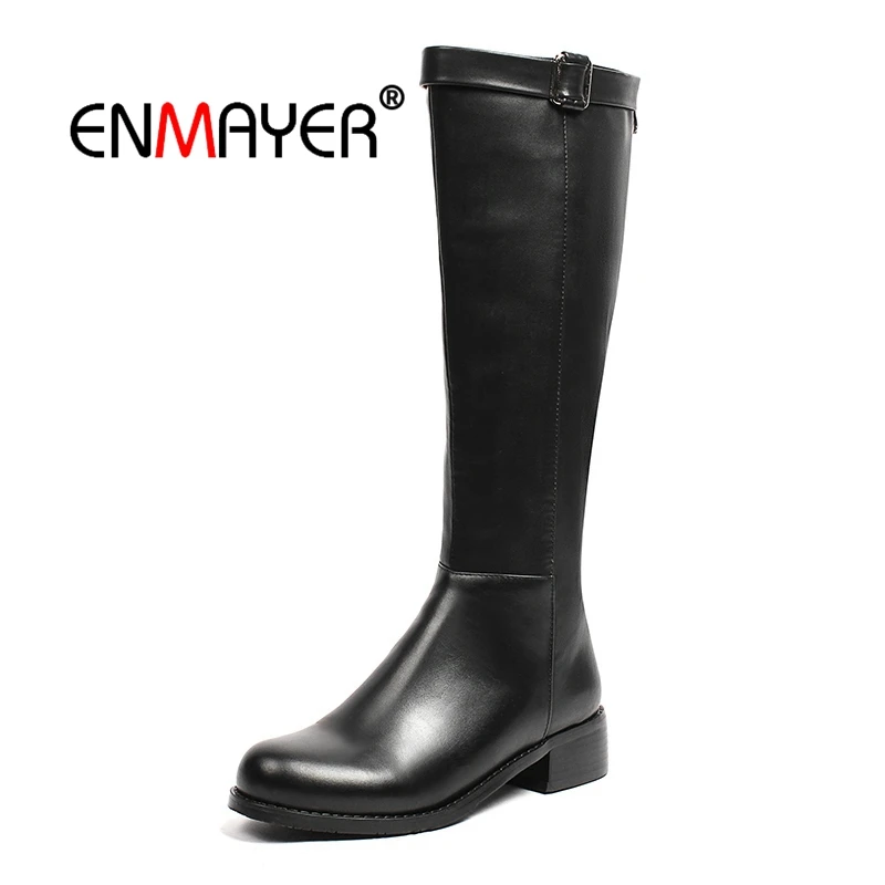 

ENMAYER Women Knee High boots Winter Round toe zipper high heel knee high Fashion boots lady solid square heel size 34-39 CR1653