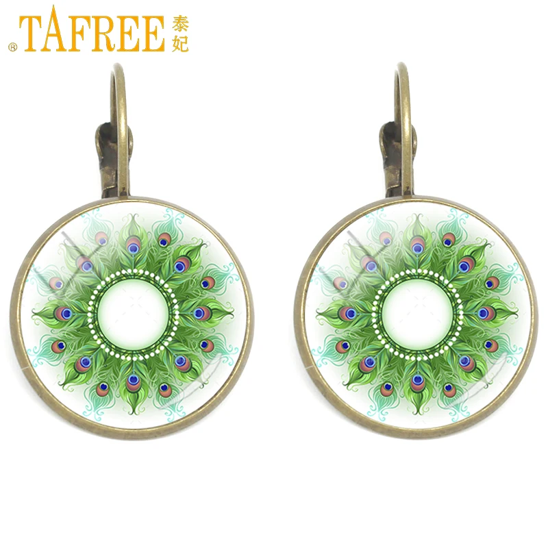 Серьги клипсы TAFREE с перьями павлина новый стиль круглая перьевая ветра Винтажные