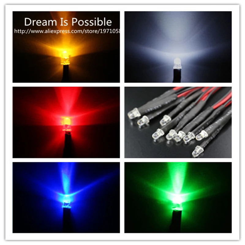 3 мм из светодиодов предварительно оптово-проводной 12 В 5 X каждый красный