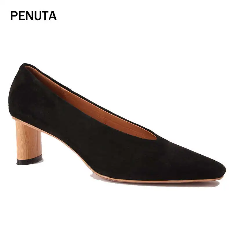 Black PENUTA/; замшевые туфли; женские туфли-лодочки на среднем каблуке с v-образным вырезом; высококачественные туфли для женщин; Новинка; PG912 - Цвет: Black