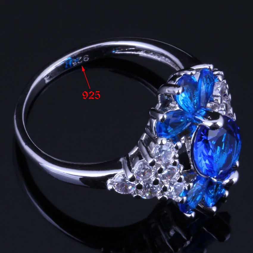 Majestic Plant синий кубический цирконий Белый CZ Кольцо из стерлингового серебра 925 для