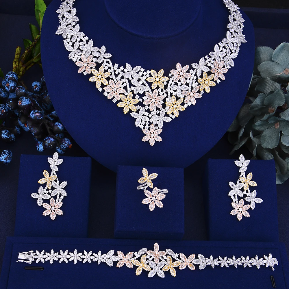 

LARRAURI 2019 Trendy Bridal Wedding Jewelry Sets Flower Pendant Necklace Earrings Bangle Resizable Ring Jewelry Sets For Women