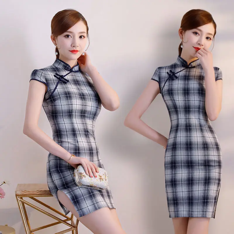 Новое хлопковое льняное платье в клетку Qipao, женское Модное Элегантное традиционное китайское платье, Короткое женское платье-чонсам, vestidos 3XL - Цвет: 2825 Black White