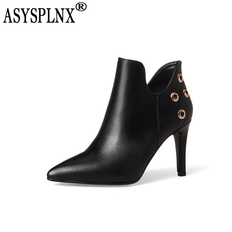 ASYSPLNX/2018 брендовые зимние модные кожаные полусапожки на высоком каблуке с острым