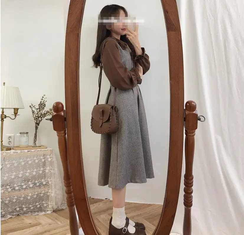 Autumn winter vintage preppy style sleeveless vest dress girls slim big swing a-line | Женская одежда