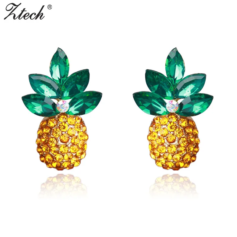 Ztech Exquisite Rhinestone Yellow Green Pineapple Stud Earrings For Women Unique Shining Crystal Fashion Jewelry Christmas Gifts|pineapple stud