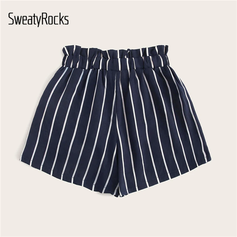 Шорты SweatyRocks в полоску с оборкой и завязками на талии, женская одежда для активного отдыха, повседневные шорты для женщин, летние шорты для активного отдыха