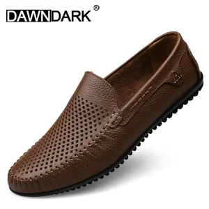 Мужские повседневные туфли, кожаные лоферы, удобные, без застежки, на плоской подошве, для вождения, цвет коричневыйчерный