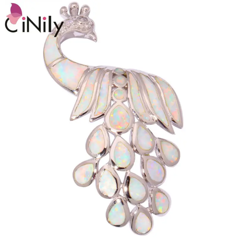 Кулон CiNily Created Белый огненный опал фианит посеребренный опт розница павлин