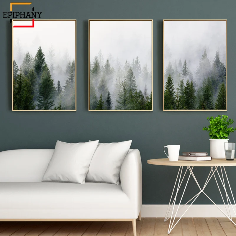

Modern Forest Prints Wall Art Canvas Painting Tree Mist Fog Cloudy Forest Landscape Scandinavian Wall Pictures for Living Room