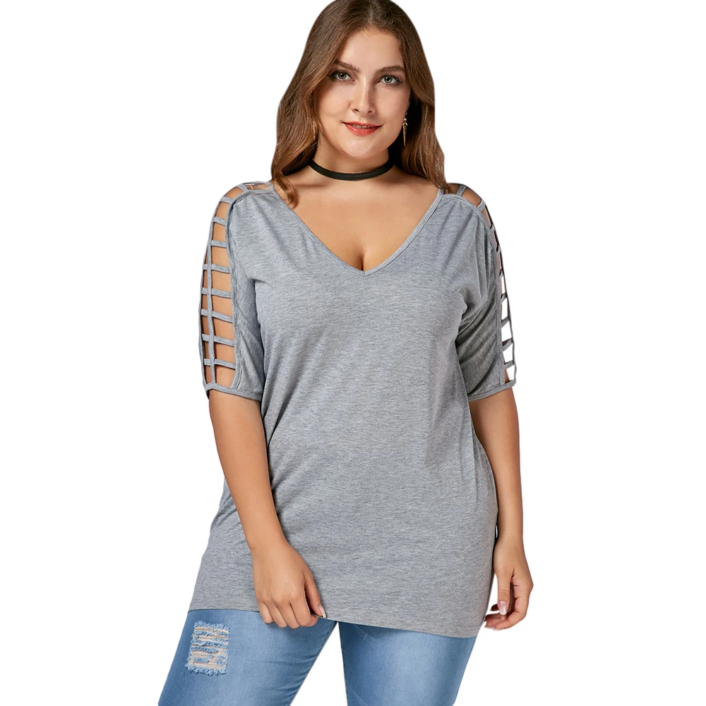 2018 5XL Cut Out V шеи плюс Размеры туника Топ Футболка Для женщин топы Повседневное