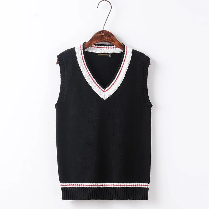 

Black Men and women couples Red white stripes Secondary color simple Black V-neck vest sweater
