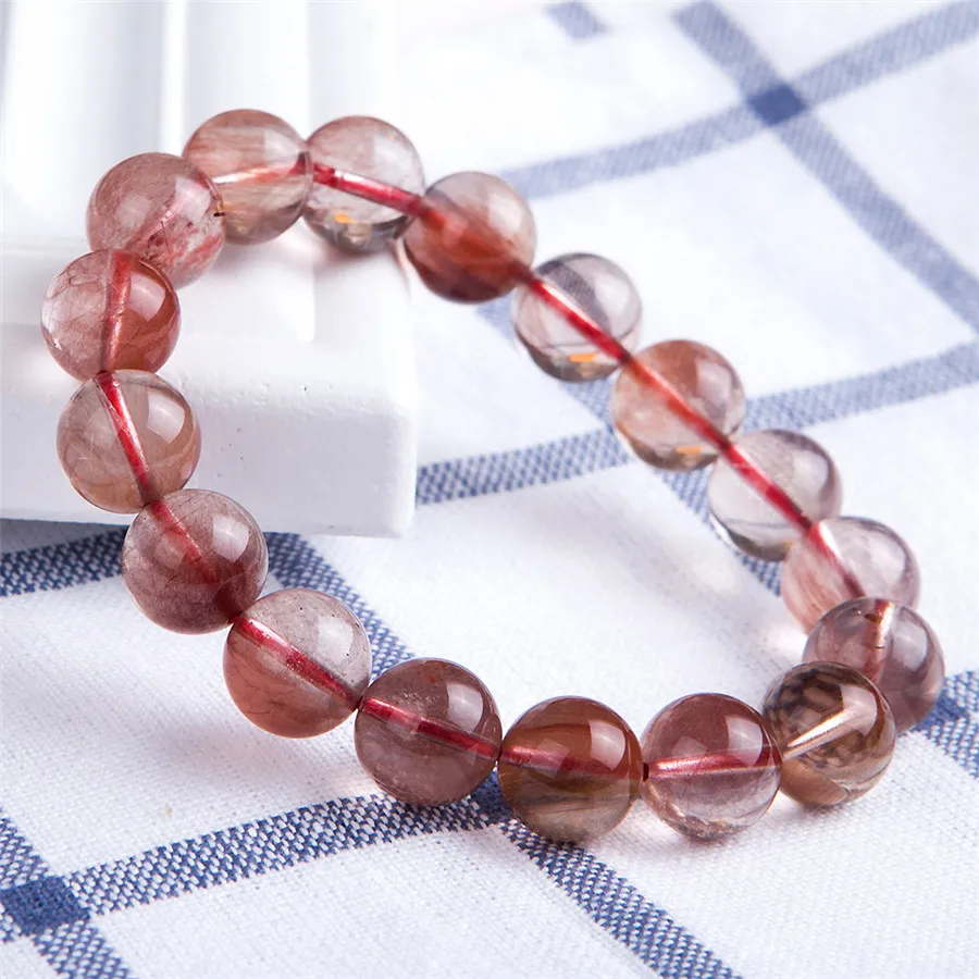 

12mm Brazil Natural Red Hair Rutilated Quartz Crystal Clear Round Bead Powerful Stretch Charm Bracelet