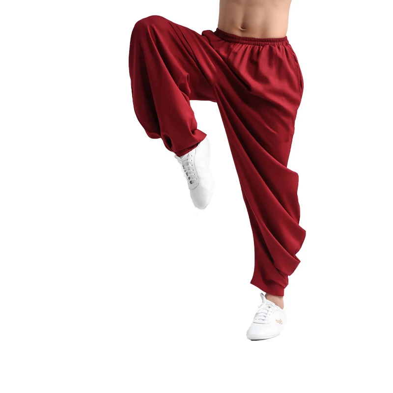 wine red Новые эластичные льняные штаны для занятий йогой Тай Чи Кунг-фу - Цвет: wine red