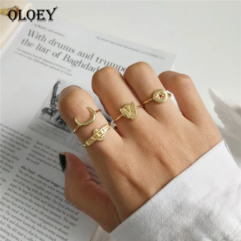 OLOEY,, настоящее 925 пробы, серебряные кольца с ажурным орнаментом, с буквами, Детская луна-звезда-щит, простое регулируемое кольцо для женщин, ювелирное изделие YMR860