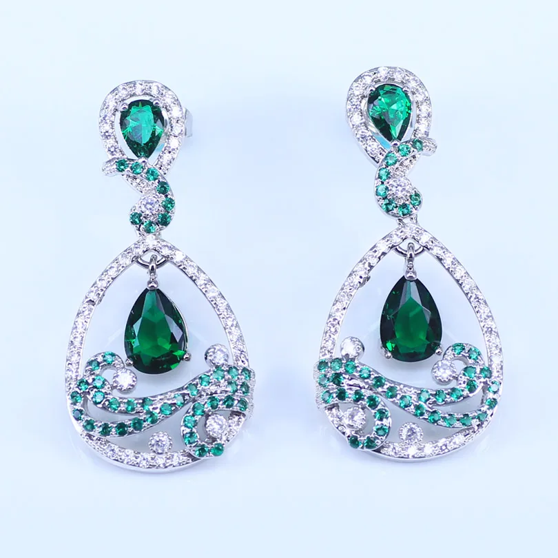 Lovely Water Drop CZ Stone And Green Crystal Necklace Earring Set Fashion 925 Silver Jewelry For Women T28 | Украшения и