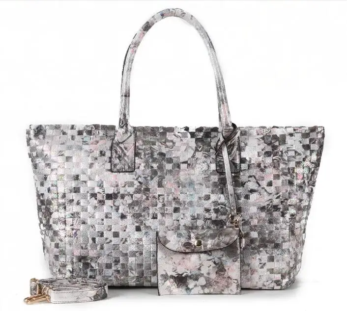 Arliwwi Brand Designer Luxury Handmade Knitting Women Tote Handbags Large Capacity Floral shiny Woven Bags - Цвет: Серый