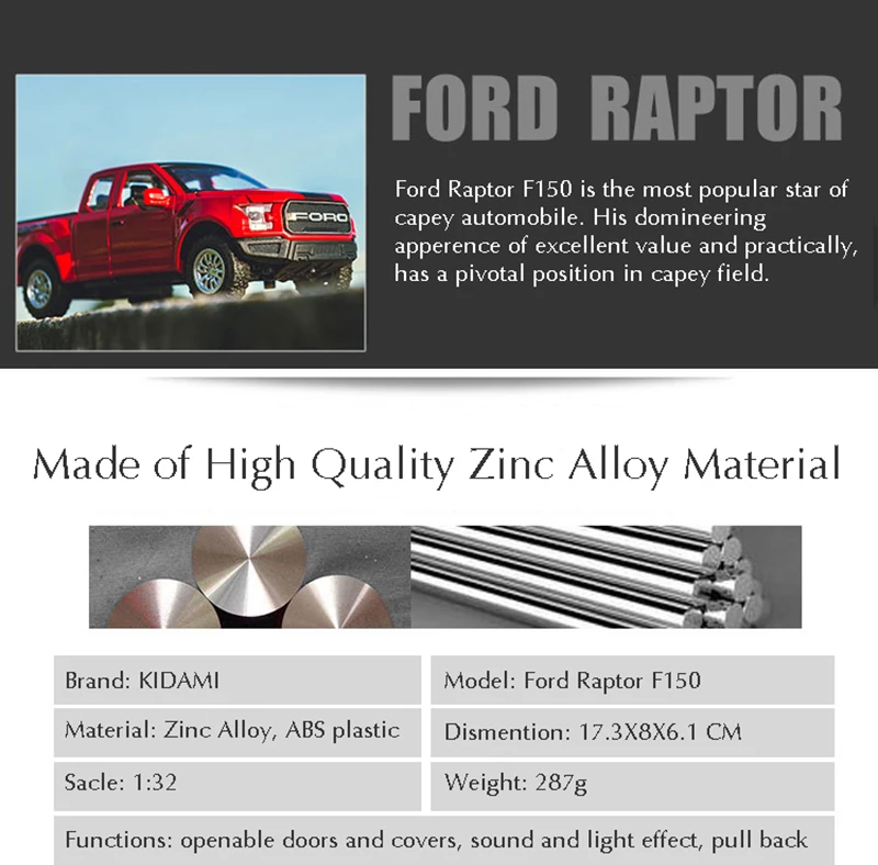KIDAMI 1:32 Raptor F150 пикап игрушки для детей звук и свет MINIAUTO сплав литья под давлением модель автомобиля подарки
