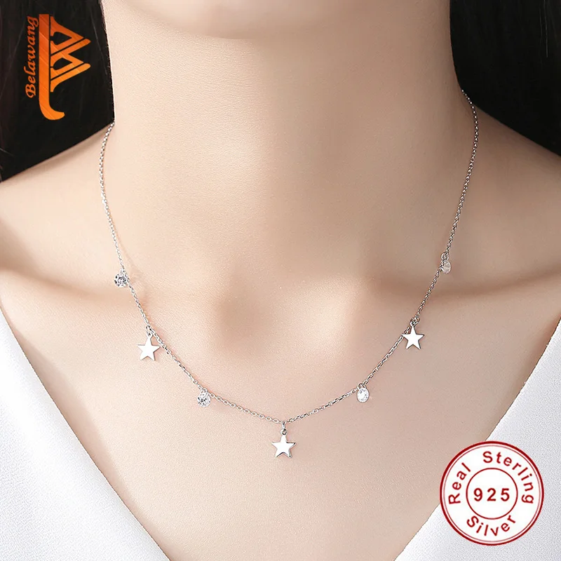 BELAWANG, Хит, Настоящее серебро, 925 пробы, колье, стразы, звезда, подвеска, ожерелье, кристалл, Женская цепочка, Стерлинговое Серебро, хорошее ювелирное изделие, подарок