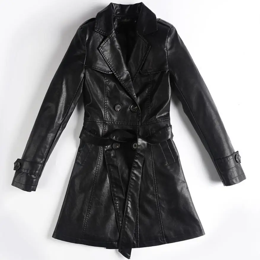 

Womens Long Wool PU Leather Sleeve Jacket Coat Windbreaker Double-breasted plus size
