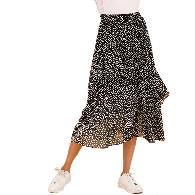Dotfashion черно-белая многослойная юбка с принтом для женщин Лето Бохо весна Дамская мода трапециевидная Юбка со средней талией