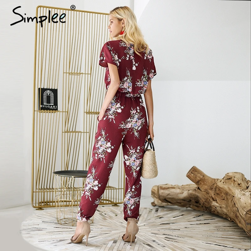 Simplee Vintage floral print boho jumpsuit romper V neck short sleeve casual Long sash summer women overalls | Женская одежда - Фото №1