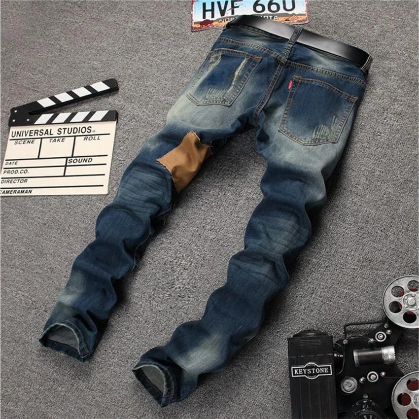 2018 г. мужские Новые Джинсы Свободные отверстия Лоскутная Slim Fit прямые джинсы